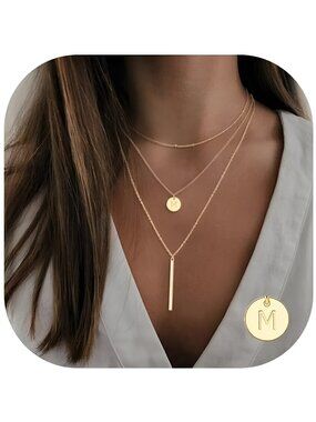 Gold Initial Layered Necklaces for Women, 14K Gold Plated Coin Letter Necklace